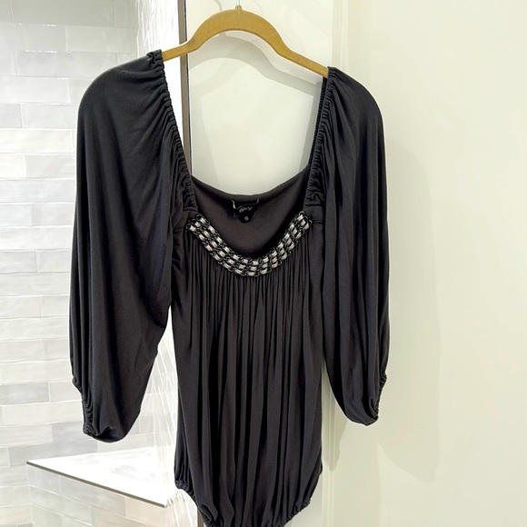Sky Tops - Sky Gunmetal Gray Top with Ruched Sleeves and Bottom Hem Chain Embellishments